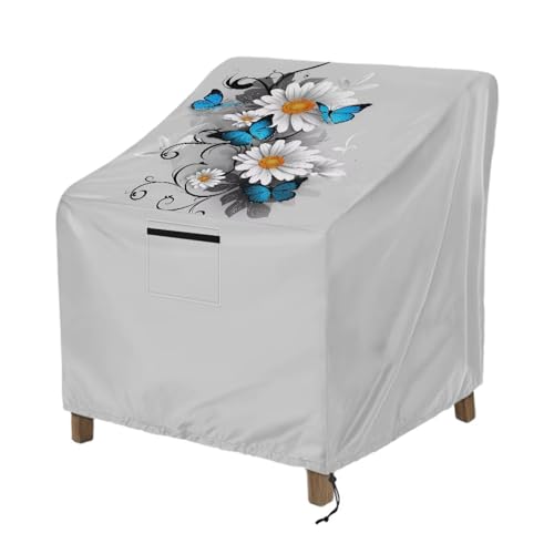 Wanyint Wasserdichte Outdoor-Stuhlbezüge, winddicht, Lounge, tiefe Sitzbezüge, funktionale Abdeckung für stapelbare Möbelsitze, 96 x 96 x 92 cm, Schmetterlings-Gänseblümchen-Grau von Wanyint