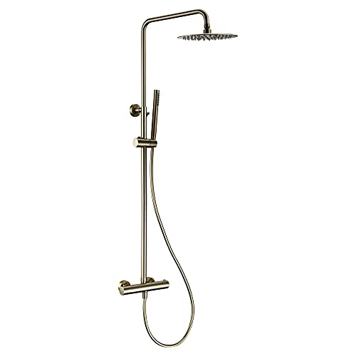 Duscharmatur Thermostat, Gold Messing Duschsäule Set Ventil einstellen Bad Thermostatischer Wasserhahn Wandhalterung Duscharmumlenker Mit Handspray Und Duschkopf Mit Schlauch Set,12 inch von Wanym