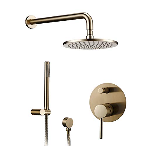 Duscharmatur Unterputz Badezimmer Gebürstet Gold Badewanne Duschhahn Messing Umsteller Rührgerät Wasserhähne Set 8-12" Duschkopf Wand Arm Ventil Duschsystem mit Duschkopf Duschschlauch,10inch von Wanym