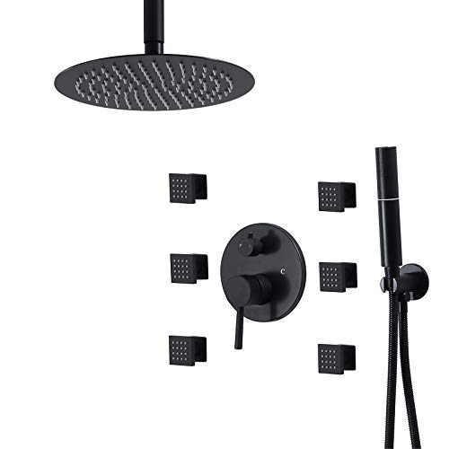 Duscharmatur Unterputz Regendusche Set, Bad Duscharmaturen Regenfall Mit 6pcs Drehen Massage Jet Decke Installieren 10" Regenduschkopf Mit Handbrause Und 1,5m Duschschlauch Kit,Schwarz,Round von Wanym