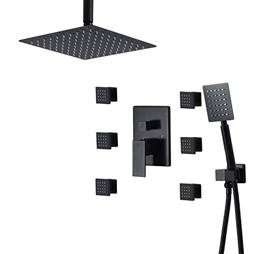 Duscharmatur Unterputz Regendusche Set, Bad Duscharmaturen Regenfall Mit 6pcs Drehen Massage Jet Decke Installieren 10" Regenduschkopf Mit Handbrause Und 1,5m Duschschlauch Kit,Schwarz,Square von Wanym