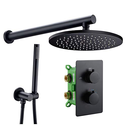 Duscharmatur mit Thermostat Schwarz Matt, Unterputz Duschsystem aus Massivem Messing Set Ventil Verdeckte Thermostat Mit Zweiwege Regendusche Mit Duschkopf Und Duschschlauch,12 inch von Wanym