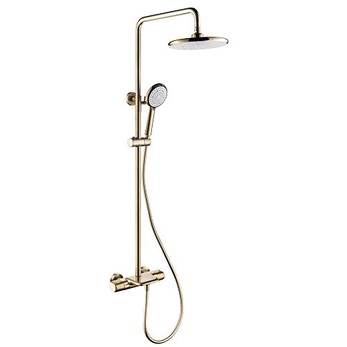 Wandmontage Duscharmatur Set, Gold Gebürstet Bad Duschsystem Mit 10" Regenfall Duschkopf Thermostat Badewanne Duschmischer Regen Duschkopf Platz Hand Dusche und Duschschlauch Set,A von Wanym