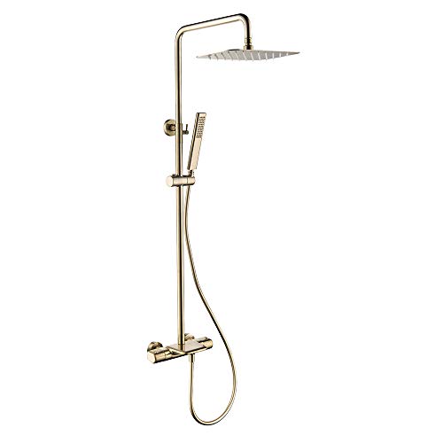 Wandmontage Duscharmatur Set, Gold Gebürstet Bad Duschsystem Mit 10" Regenfall Duschkopf Thermostat Badewanne Duschmischer Regen Duschkopf Platz Hand Dusche und Duschschlauch Set,B von Wanym