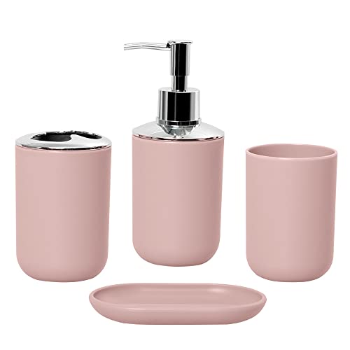 Wanym Badezimmer Zubehör Set, 4 Tteiliges Kunststoff Badezimmer Dekor Sets Zubehör, Zahnbürstenhalter, Zahnputzbecher, Seifenspender, Seifenschale für Bad und Hotel,Rosa von Wanym