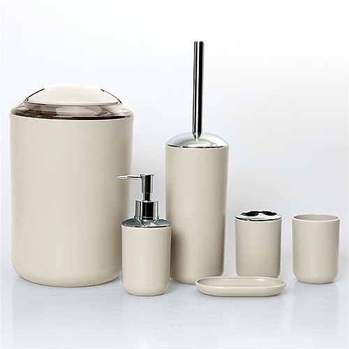 Wanym Badezimmer Zubehör Set, 6-Teiliges Badezimmer Mülleimer Set, enthält Toilettenbürste Zahnbürstenhalter Zahnputzbecher Seifenschale Mülleimer Lotionspender Badezimmer Set,Beige von Wanym