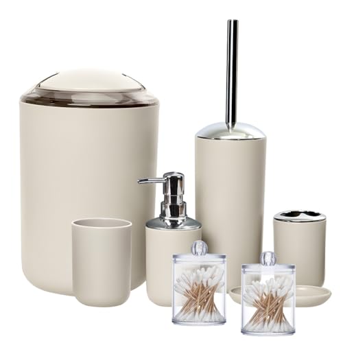 Wanym Badezimmer Zubehör Set, 8 Teiliges mit Mülleimer, Seifenspender, Seifenschale, Zahnbürstenhalter, WC-Bürstenhalter, Qtip Halter Spender Einweihungsgeschenk Set,Beige Wanym Badezimmer Zubehör Set, 8 Teiliges mit Mülleimer, Seifenspender, Seifenschale, Zahnbürstenhalter, WC-Bürstenhalter, Qtip Halter Spender Einweihungsgeschenk Set,Beige von Wanym