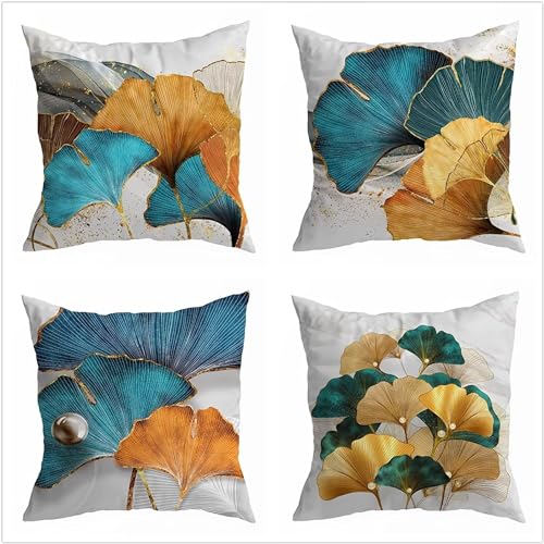 Kissenbezug 80x80 cm 4er Set Leinen Outdoor Kissen modern Ginkgo biloba Sofakissen Dekorative Kissenbezüge Herbst Kissen für drinnen und draußen Perfekte Deko Kissen für Wohnzimmer und Garten von Wanziho