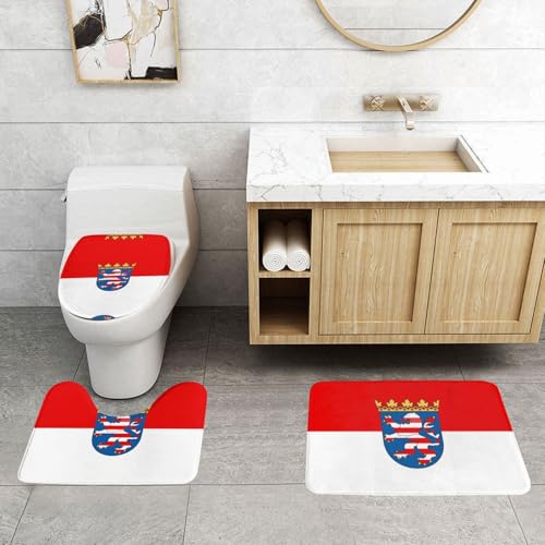 WapNo 3-teiliges Badezimmerteppich-Set mit Hessen-Flagge, bestehend aus Badteppich, U-förmiger Konturmatte und WC-Deckelbezug von WapNo