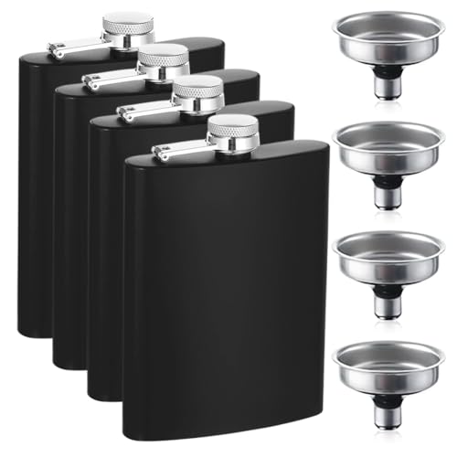 Wapasezyar Flachmänner, Edelstahl Flachmann mit Trichter, 8 oz/227 ml Flachmann Schwarz Geeignet Zum Tragen von Alkohol und Schnaps, Tragbares Flaschen Set für Männer und Frauen (4, Schwarz) von Wapasezyar
