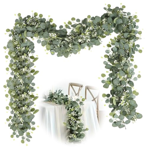 Wapasezyar Künstliche Eukalyptus Girlande Deko 1,8m Hängend Grüne Blätter mit Weiße Blumen Eukalyptusranke für Hochzeit Hintergrund Bogen Blumengirlande Dekoration Tischläufer Mittelstück, Grün von Wapasezyar