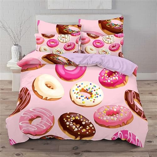 Warm decoration Weiche süße Donuts Bettbezug-Set Dessert-Thema Bettwäsche-Set für Mädchen Kinder Jungen Cartoon Tasty Foods 2 Kissenbezüge 145 × 200 cm von Warm decoration