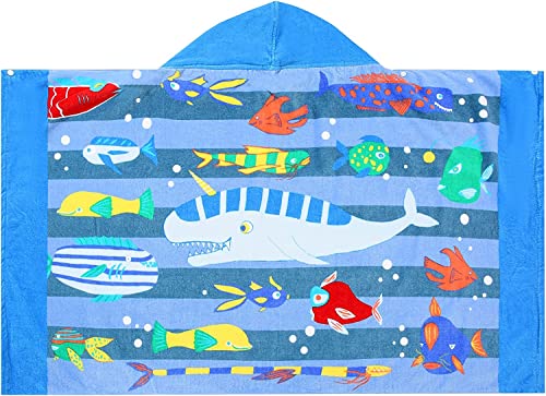 WarmHeartting Strandtuch Baumwolle Handtuch Badetuch mit Kapuze und Druckknöpfen für Kinder Jungen Mädchen für Reise Strand Schwimmen Groß 76x127cm Fische Bedruckt von WarmHeartting