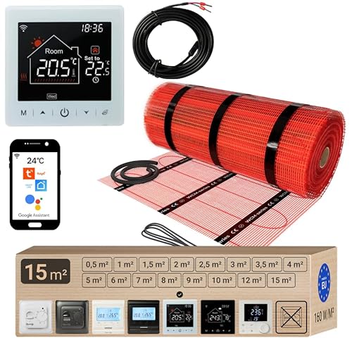 Warmcoin elektrische Fußbodenheizung Set 15 m² 160 W/m² – WLAN Thermostat W100 Weiß mit verbessertem Sensor – Heizmatte für Laminat, Vinyl, Fliesen – Fußbodenheizung Komplettset von Warmcoin