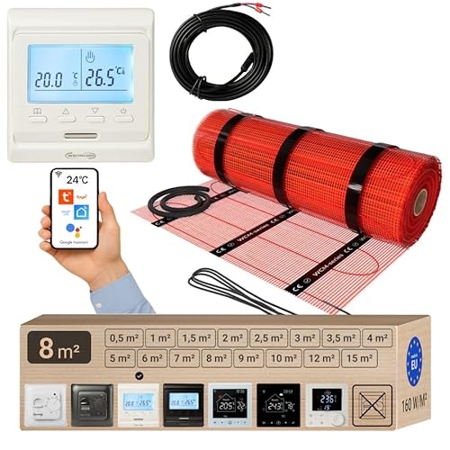Warmcoin elektrische Fußbodenheizung Set 8 m² 160 W/m² – WLAN Thermostat W51 Weiß mit verbessertem Sensor – Heizmatte für Laminat, Vinyl, Fliesen – Fußbodenheizung Komplettset von Warmcoin