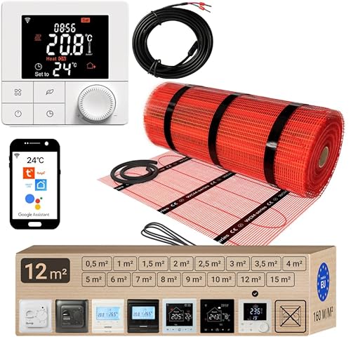 Warmcoin elektrische Fußbodenheizung Set 12 m² 160 W/m² – WLAN Thermostat W40 mit verbessertem Sensor – Heizmatte für Laminat, Vinyl, Fliesen – Fußbodenheizung Komplettset von Warmcoin