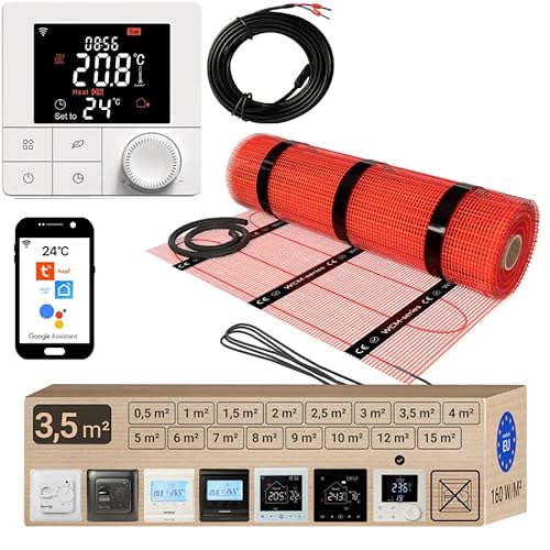 Warmcoin elektrische Fußbodenheizung Set 3.5 m² 160 W/m² – WLAN Thermostat W40 mit verbessertem Sensor – Heizmatte für Laminat, Vinyl, Fliesen – Fußbodenheizung Komplettset von Warmcoin