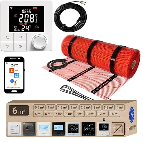 Warmcoin elektrische Fußbodenheizung Set 6 m² 160 W/m² – WLAN Thermostat W40 mit verbessertem Sensor – Heizmatte für Laminat, Vinyl, Fliesen – Fußbodenheizung Komplettset von Warmcoin