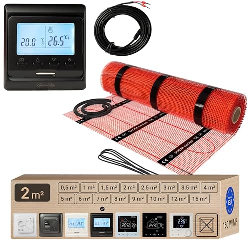 Warmcoin elektrische Fußbodenheizung Set 2 m² 160 W/m² – Thermostat W51 Schwarz mit verbessertem Sensor – Heizmatte für Laminat, Vinyl, Fliesen – Fußbodenheizung Komplettset von Warmcoin