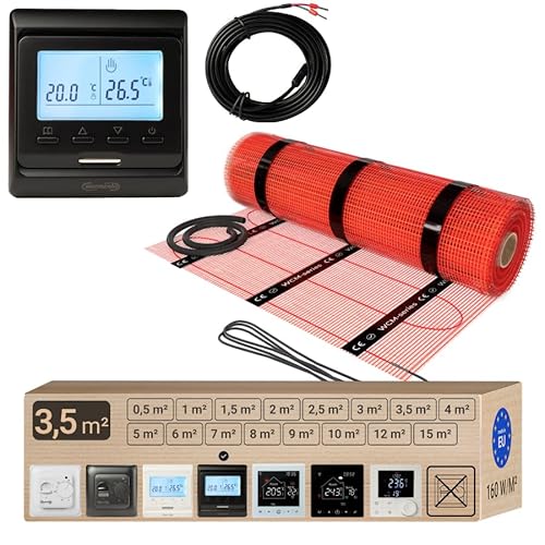 Warmcoin elektrische Fußbodenheizung Set 3.5 m² 160 W/m² – Thermostat W51 Schwarz mit verbessertem Sensor – Heizmatte für Laminat, Vinyl, Fliesen – Fußbodenheizung Komplettset von Warmcoin
