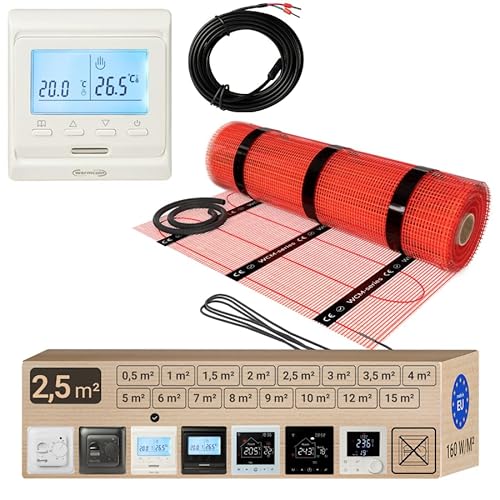 Warmcoin elektrische Fußbodenheizung Set 2.5 m² 160 W/m² – Thermostat W51 Weiß mit verbessertem Sensor – Heizmatte für Laminat, Vinyl, Fliesen – Fußbodenheizung Komplettset von Warmcoin