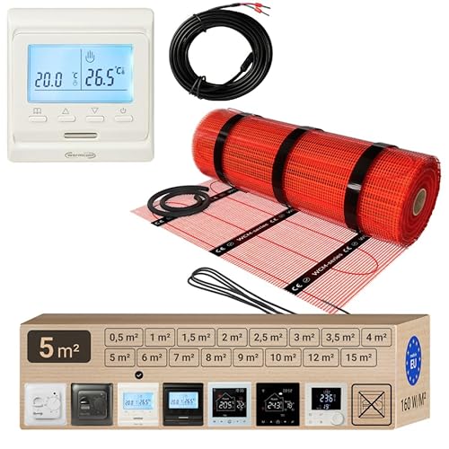 Warmcoin elektrische Fußbodenheizung Set 5 m² 160 W/m² – Thermostat W51 Weiß mit verbessertem Sensor – Heizmatte für Laminat, Vinyl, Fliesen – Fußbodenheizung Komplettset von Warmcoin