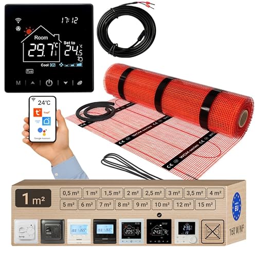 Warmcoin elektrische Fußbodenheizung Set 1 m² 160 W/m² – WLAN Thermostat W100 Schwarz mit verbessertem Sensor – Heizmatte für Laminat, Vinyl, Fliesen – Fußbodenheizung Komplettset von Warmcoin
