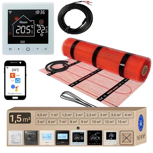 Warmcoin elektrische Fußbodenheizung Set 1.5 m² 160 W/m² – WLAN Thermostat W100 Weiß mit verbessertem Sensor – Heizmatte für Laminat, Vinyl, Fliesen – Fußbodenheizung Komplettset von Warmcoin