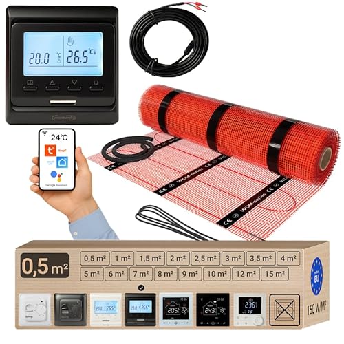 Warmcoin elektrische Fußbodenheizung Set 0.5 m² 160 W/m² – WLAN Thermostat W51 Schwarz mit verbessertem Sensor – Heizmatte für Laminat, Vinyl, Fliesen – Fußbodenheizung Komplettset von Warmcoin