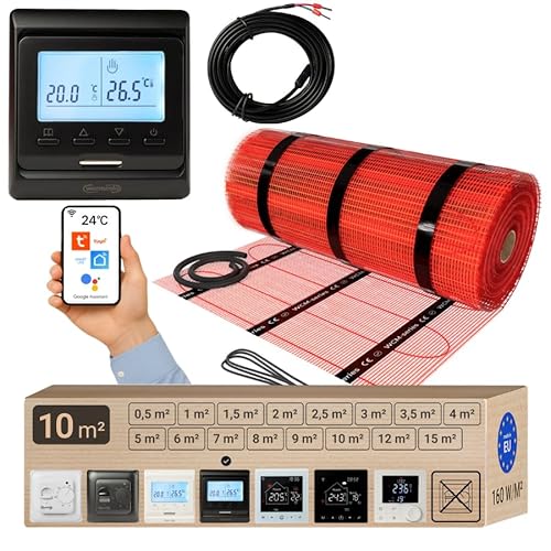 Warmcoin elektrische Fußbodenheizung Set 10 m² 160 W/m² – WLAN Thermostat W51 Schwarz mit verbessertem Sensor – Heizmatte für Laminat, Vinyl, Fliesen – Fußbodenheizung Komplettset von Warmcoin