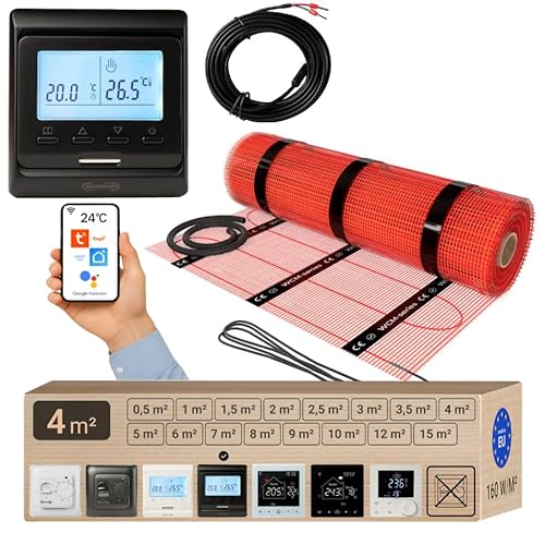 Warmcoin elektrische Fußbodenheizung Set 4 m² 160 W/m² – WLAN Thermostat W51 Schwarz mit verbessertem Sensor – Heizmatte für Laminat, Vinyl, Fliesen – Fußbodenheizung Komplettset von Warmcoin