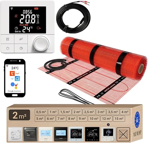 Warmcoin elektrische Fußbodenheizung Set 2 m² 160 W/m² – WLAN Thermostat W40 mit verbessertem Sensor – Heizmatte für Laminat, Vinyl, Fliesen – Fußbodenheizung Komplettset von Warmcoin