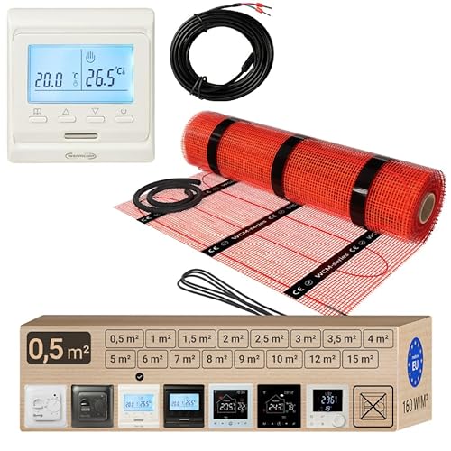 Warmcoin elektrische Fußbodenheizung Set 0.5 m² 160 W/m² – Thermostat W51 Weiß mit verbessertem Sensor – Heizmatte für Laminat, Vinyl, Fliesen – Fußbodenheizung Komplettset von Warmcoin