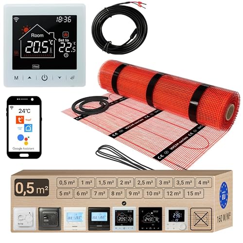 Warmcoin elektrische Fußbodenheizung Set 0.5 m² 160 W/m² – WLAN Thermostat W100 Weiß mit verbessertem Sensor – Heizmatte für Laminat, Vinyl, Fliesen – Fußbodenheizung Komplettset Warmcoin elektrische Fußbodenheizung Set 0.5 m² 160 W/m² – WLAN Thermostat W100 Weiß mit verbessertem Sensor – Heizmatte für Laminat, Vinyl, Fliesen – Fußbodenheizung Komplettset von Warmcoin