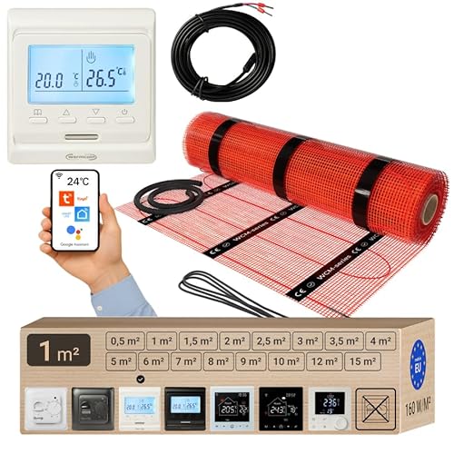 Warmcoin elektrische Fußbodenheizung Set 1 m² 160 W/m² – WLAN Thermostat W51 Weiß mit verbessertem Sensor – Heizmatte für Laminat, Vinyl, Fliesen – Fußbodenheizung Komplettset von Warmcoin