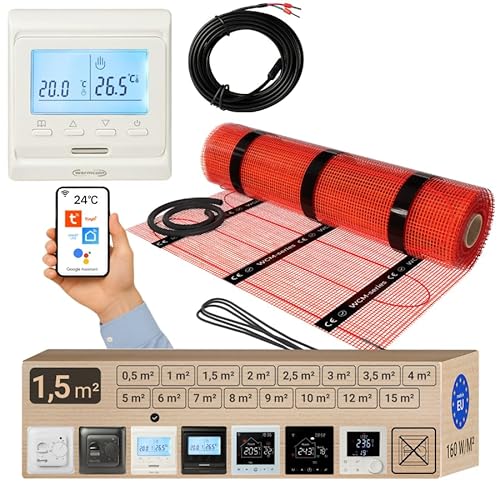 Warmcoin elektrische Fußbodenheizung Set 1.5 m² 160 W/m² – WLAN Thermostat W51 Weiß mit verbessertem Sensor – Heizmatte für Laminat, Vinyl, Fliesen – Fußbodenheizung Komplettset von Warmcoin