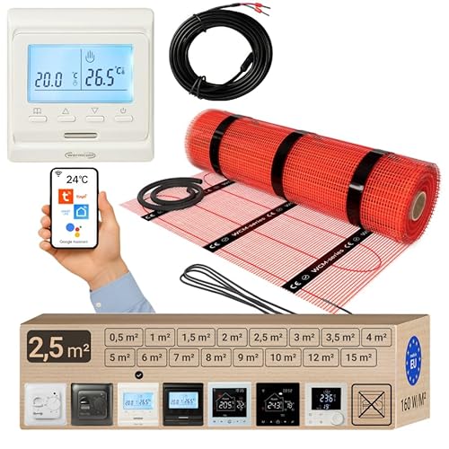 Warmcoin elektrische Fußbodenheizung Set 2.5 m² 160 W/m² – WLAN Thermostat W51 Weiß mit verbessertem Sensor – Heizmatte für Laminat, Vinyl, Fliesen – Fußbodenheizung Komplettset von Warmcoin