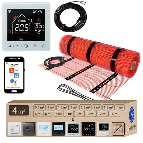 Warmcoin elektrische Fußbodenheizung Set 4 m² 160 W/m² – WLAN Thermostat W100 Weiß mit verbessertem Sensor – Heizmatte für Laminat, Vinyl, Fliesen – Fußbodenheizung Komplettset von Warmcoin