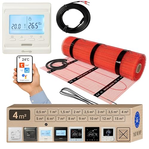 Warmcoin elektrische Fußbodenheizung Set 4 m² 160 W/m² – WLAN Thermostat W51 Weiß mit verbessertem Sensor – Heizmatte für Laminat, Vinyl, Fliesen – Fußbodenheizung Komplettset von Warmcoin
