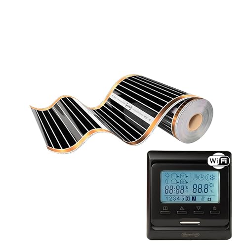 Warmcoin™ Infrarot Heizfolie, elektrische Fußbodenheizung, 50 cm, Set, 220 W/qm mit und ohne Thermostat (W51 WIFI Schwarz thermostat, 4 lm = 2m²) von Warmcoin