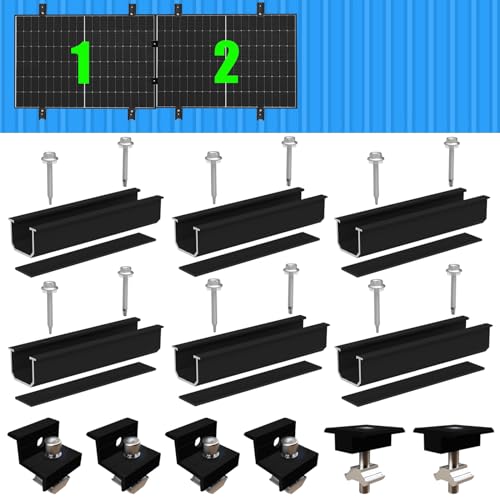 Warmfay Solarmodul Halterung Montageset, Schwarzes 12CM Aluprofil und Verstellbare Klammern Befestigung für Solarmodul, Solarpanel Halterung 2 Modul 30-35MM für Flachdach Trapezblech Blechdach von Warmfay