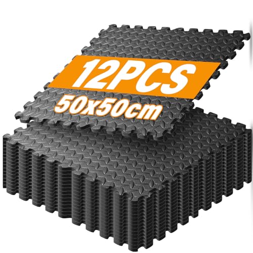 Warmfay Bodenschutzmatte Fitness Set 50x50cm 12PCS, Extra Dicker Eva Sportmatte Fitnessmatte rutschfest Dicke 10mm inkl. Endstücke, Puzzlematte Bodem, Gymnastikmatte, Unterlegmatte (Schwarz) von Warmfay