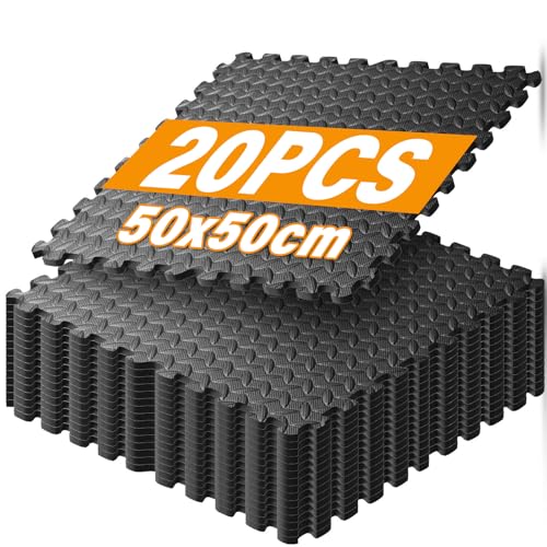 Warmfay Bodenschutzmatte Fitness Set 50x50cm 20PCS, Extra Dicker Eva Sportmatte Fitnessmatte rutschfest Dicke 10mm inkl. Endstücke, Puzzlematte Bodem, Gymnastikmatte, Unterlegmatte (Schwarz) von Warmfay
