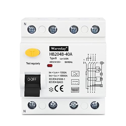 Warmfay FI Fehlerstromschutzschalter RCD Typ B 40A 30mA Allstromsensitiv 4-polig von Warmfay