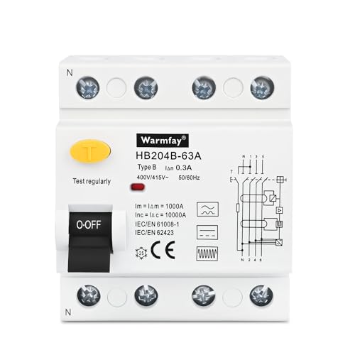 Warmfay FI Fehlerstromschutzschalter RCD Typ B 63A 300mA Allstromsensitiv 4-polig von Warmfay