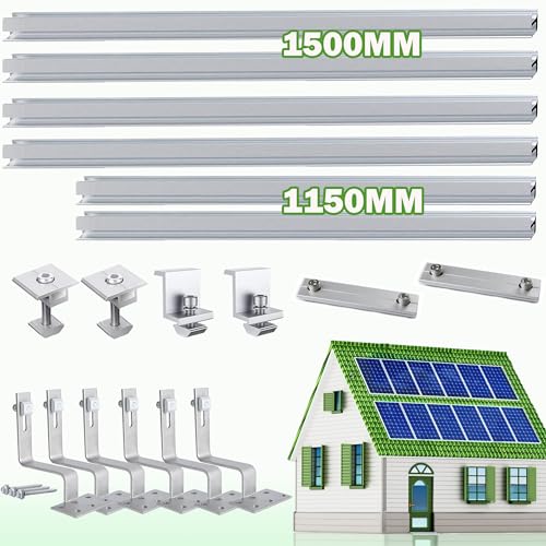 Warmfay PV Halterung Ziegeldach Montageset, Alu 1500MM+1150MM Durchgängigen Profilschienen und Dachhaken Solarmodul Ziegeldach für 7X Module, Solar Halterung Ziegeldach für PV Module 30MM Dicke von Warmfay