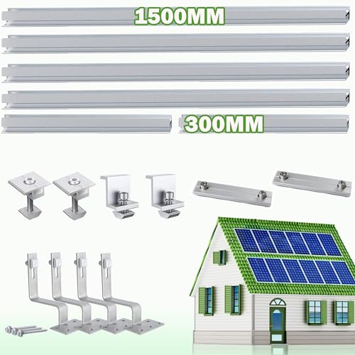 Warmfay PV Halterung Ziegeldach Montageset, Alu 1500MM+300MM Durchgängigen Profilschienen und Dachhaken Solarmodul Ziegeldach für 4X Module, Solar Halterung Ziegeldach für PV Module 40MM Dicke von Warmfay