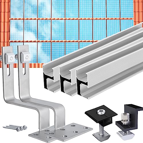 Warmfay Photovoltaik Halterung Ziegeldach Set, PV Befestigung Ziegeldach mit Schiene Dachhaken Schwarze Klemme für 4 Solarpanel, Alu Solarmodul Halterung Ziegeldach Unterstützung 35MM Dicke Modul von Warmfay