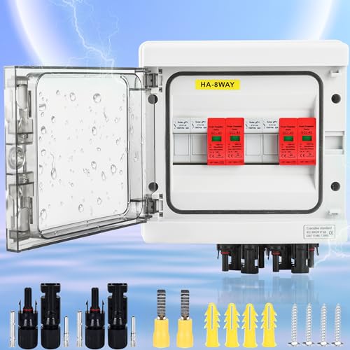 Warmfay Überspannungsschutz PV Solar Blitzschutz 1000V DC 32A T2, PV Anschlusskasten 2 String 8 Module(2 In 2 Out) für PV Anlage Photovoltaik IP65 Wasserdichtes von Warmfay