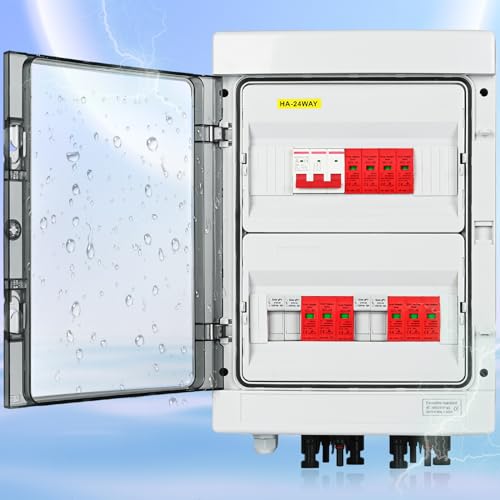 Warmfay Überspannungsschutz PV Blitzschutz 32A 1000V DC Trennschalter PV Anlage 2 String 24 Module AC 400V Leitungsschutzschalter, IP65 Wasserdichtes Solar PV Anschlusskasten für Photovoltaik von Warmfay